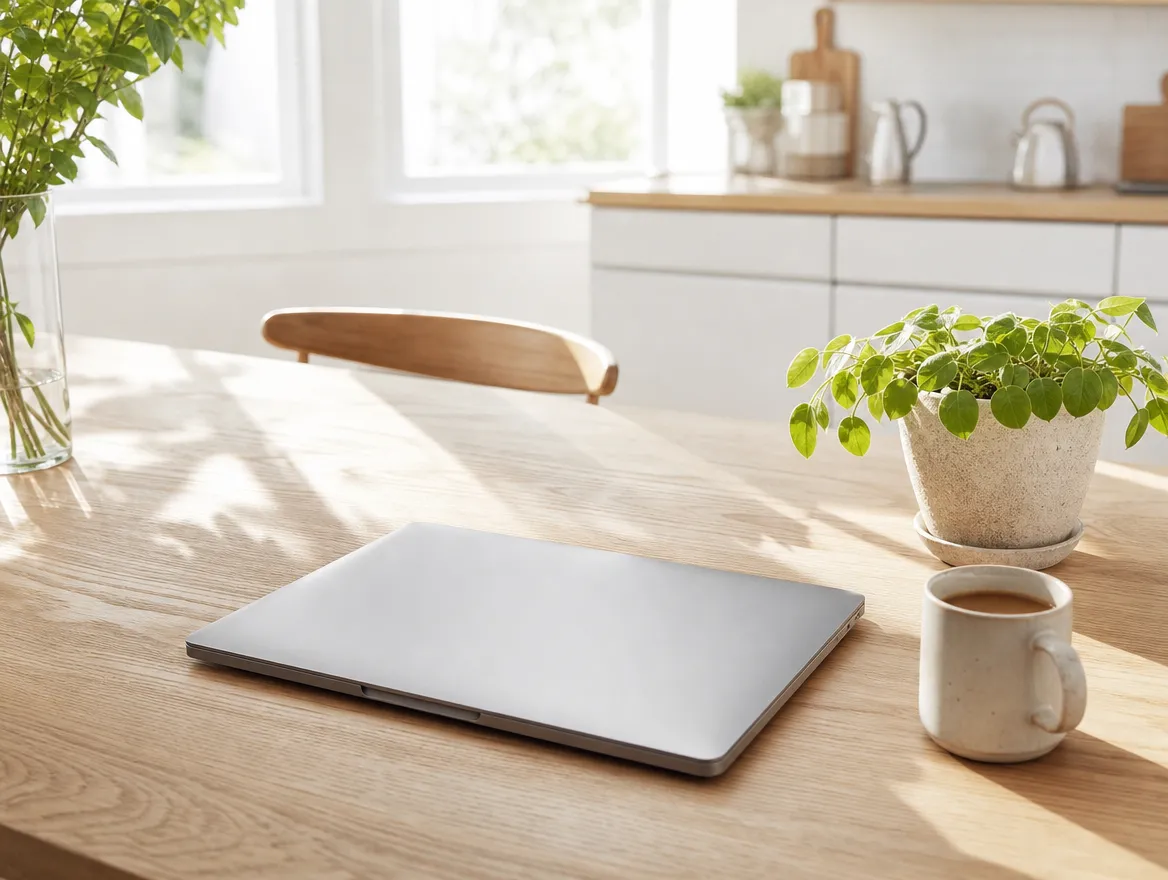 A closed laptop on a kitchen table in morning light