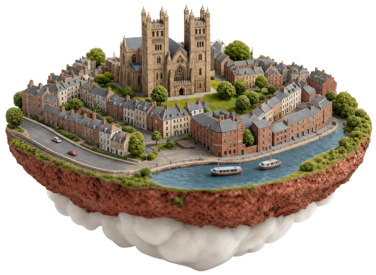 Illustration of Exeter as a miniature on a floating island: the cathedral, Georgian terraces and the quayside on the River Exe