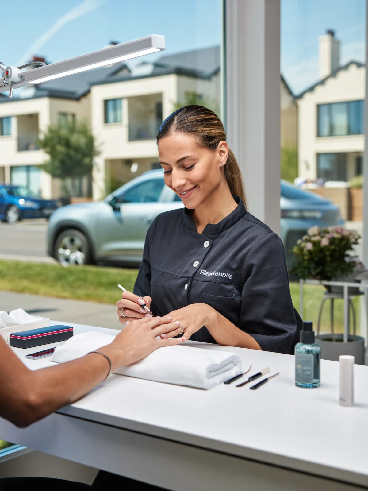A beauty therapist painting a client’s nails at a manicure desk