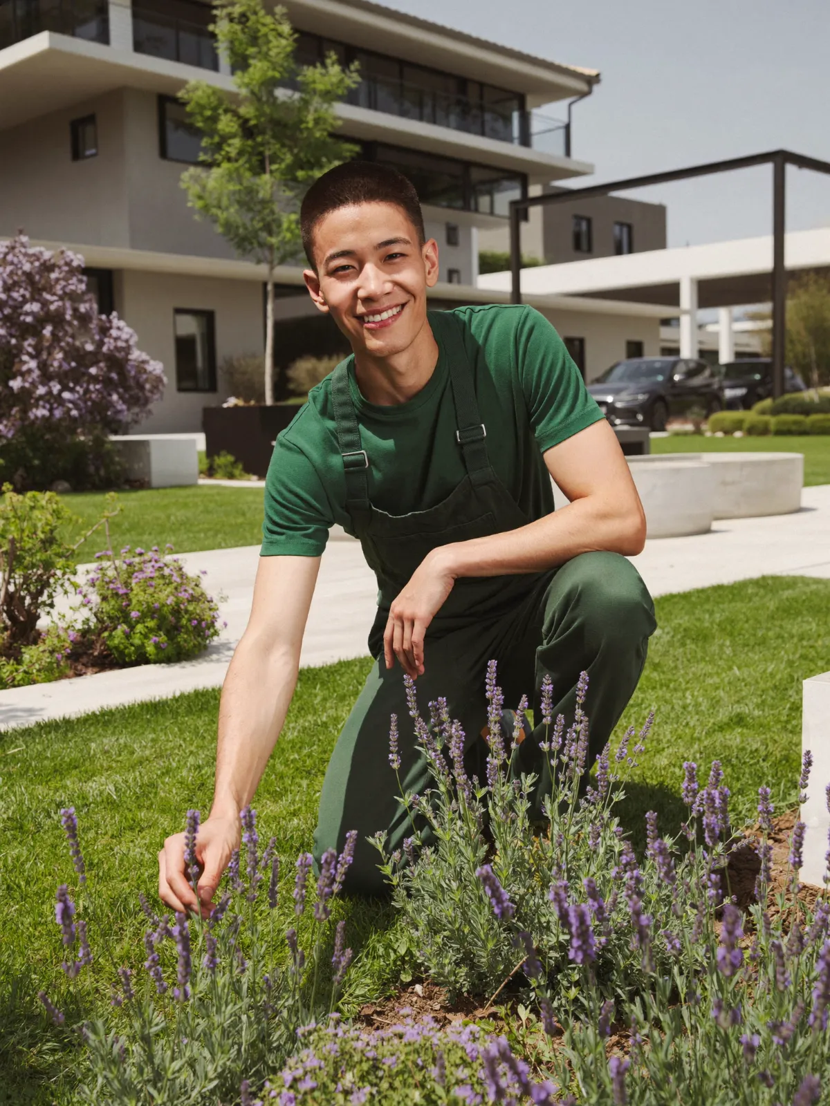 A landscaper kneeling to plant lavender in a new garden border