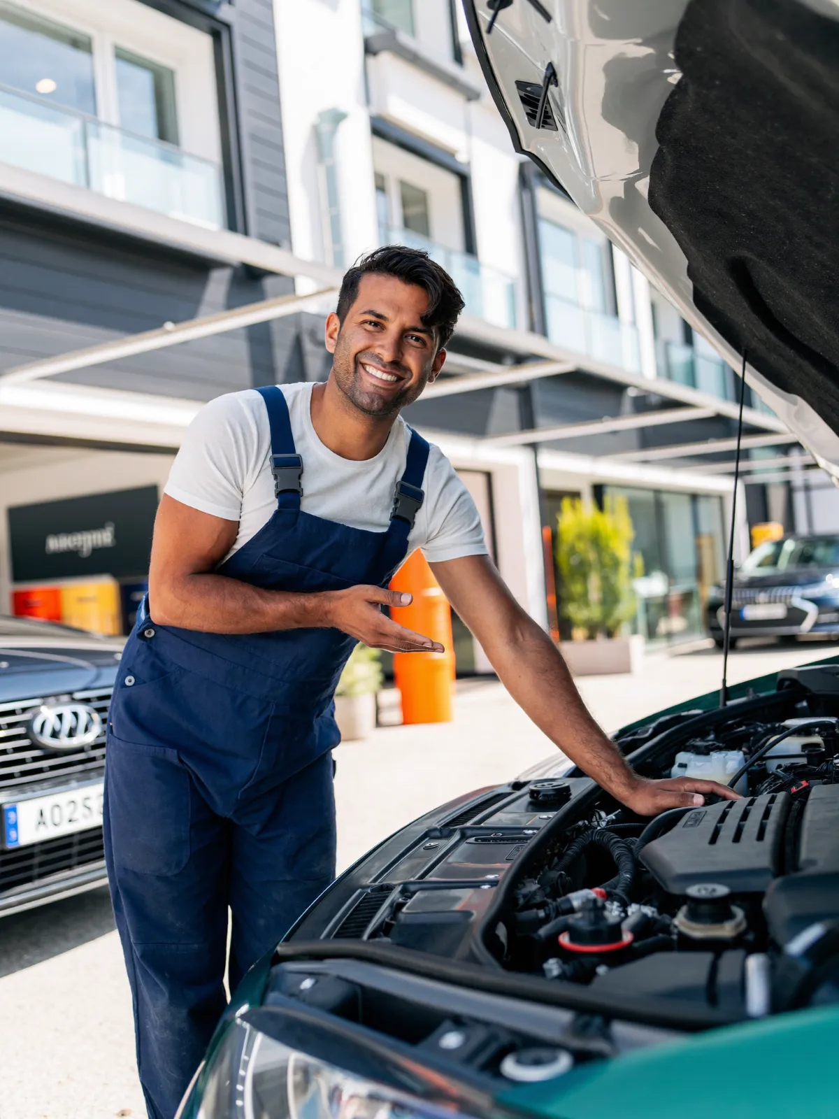 A mechanic in navy overalls checking a car engine under the open bonnet