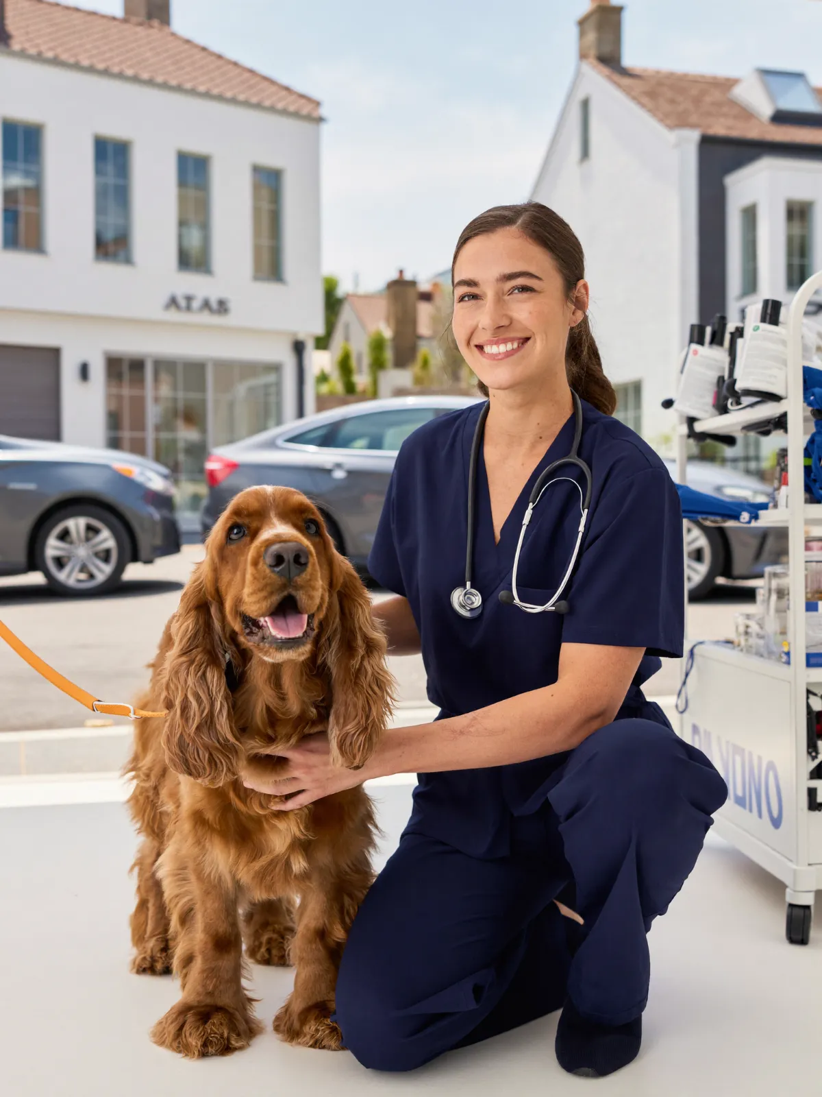 A smiling vet in navy scrubs kneeling beside a cocker spaniel
