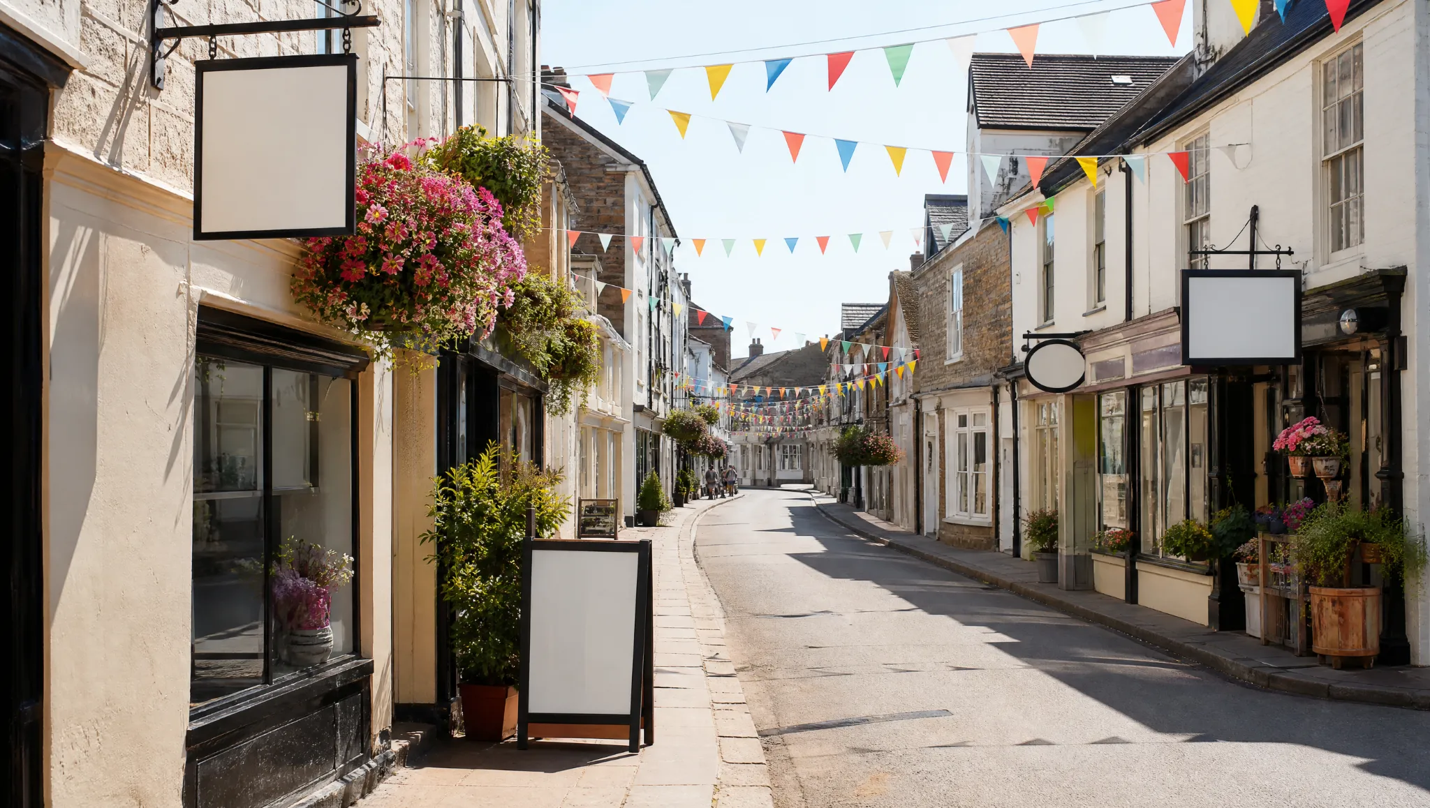 A Devon market town high street with flower baskets and bunting
